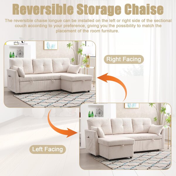 L-Shaped Convertible Sleeper Sofa with Pull Out Bed, 3-In-1 Convertible Sofa with High Storage Chaise, 206L x 130W x 88H cm, Beige Aosom UK
