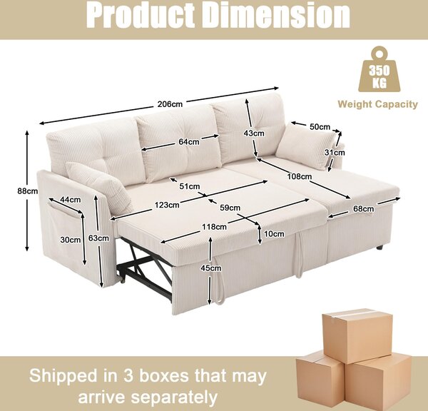 L-Shaped Convertible Sleeper Sofa with Pull Out Bed, 3-In-1 Convertible Sofa with High Storage Chaise, 206L x 130W x 88H cm, Beige Aosom UK