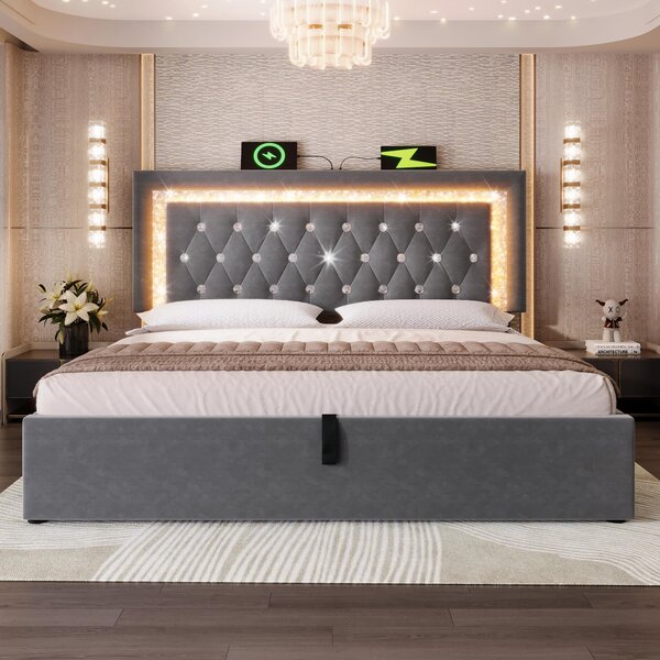 Upholstered Bed with Built-In USB Ports and Type-C Charging, Hydraulic Storage Bed with Adjustable Headboard, 214L x 160W x 108H cm, Grey Aosom UK