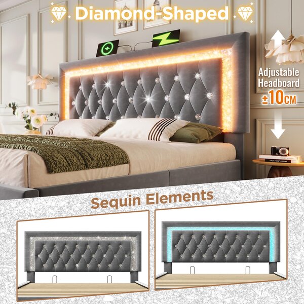 Upholstered Bed with Built-In USB Ports and Type-C Charging, Hydraulic Storage Bed with Adjustable Headboard, 214L x 160W x 108H cm, Grey Aosom UK