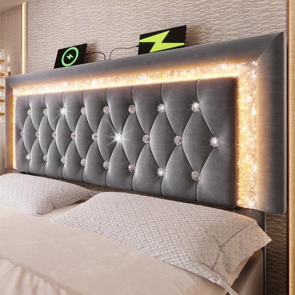 Upholstered Bed with Built-In USB Ports and Type-C Charging, Hydraulic Storage Bed with Adjustable Headboard, 214L x 160W x 108H cm, Grey Aosom UK