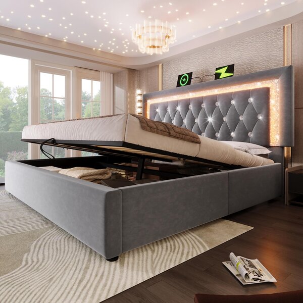 Upholstered Bed with Built-In USB Ports and Type-C Charging, Hydraulic Storage Bed with Adjustable Headboard, 214L x 160W x 108H cm, Grey Aosom UK