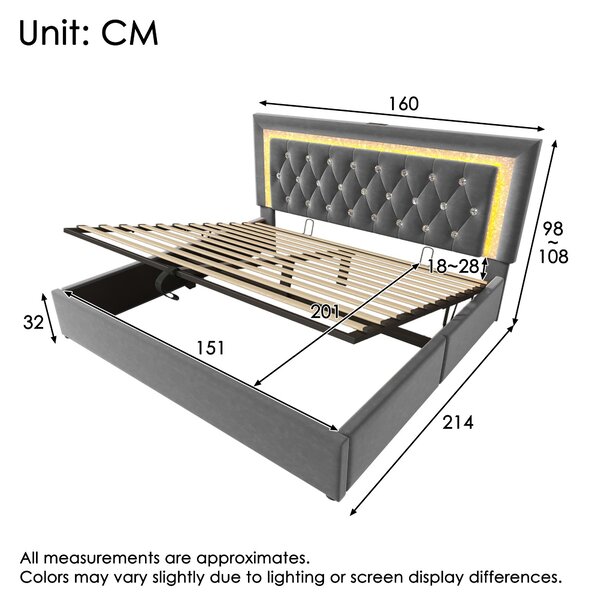Upholstered Bed with Built-In USB Ports and Type-C Charging, Hydraulic Storage Bed with Adjustable Headboard, 214L x 160W x 108H cm, Grey Aosom UK