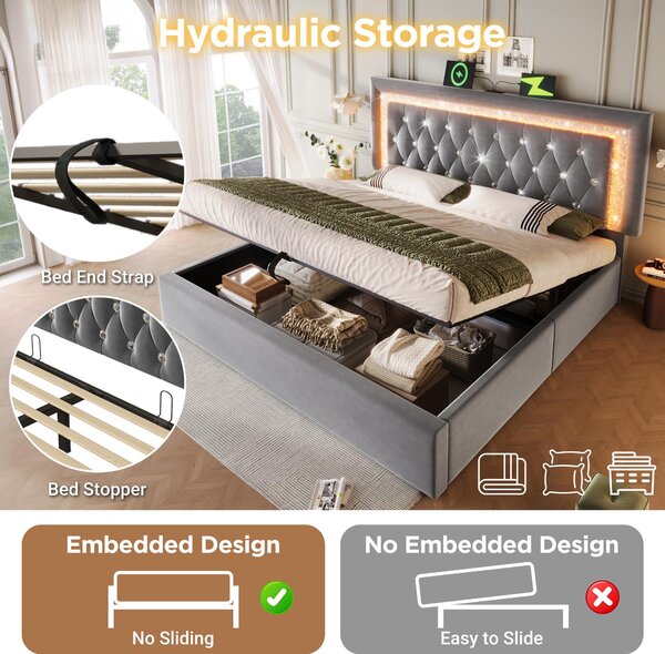 Upholstered Bed with Built-In USB Ports and Type-C Charging, Hydraulic Storage Bed with Adjustable Headboard, 214L x 160W x 108H cm, Grey Aosom UK