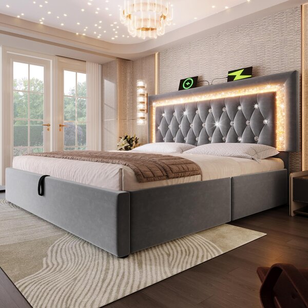 Upholstered Bed with Built-In USB Ports and Type-C Charging, Hydraulic Storage Bed with Adjustable Headboard, 214L x 160W x 108H cm, Grey Aosom UK