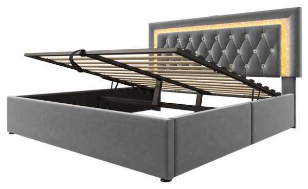 Upholstered Bed with Built-In USB Ports and Type-C Charging, Hydraulic Storage Bed with Adjustable Headboard, 214L x 160W x 108H cm, Grey Aosom UK