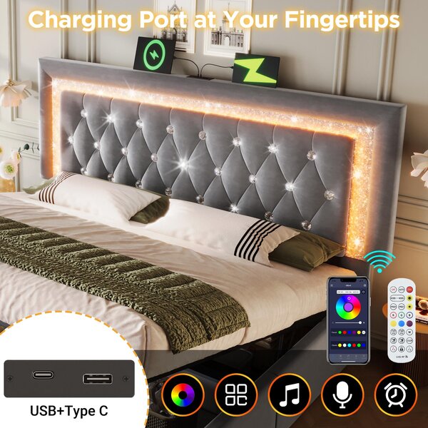 Upholstered Bed with Built-In USB Ports and Type-C Charging, Hydraulic Storage Bed with Adjustable Headboard, 214L x 160W x 108H cm, Grey Aosom UK