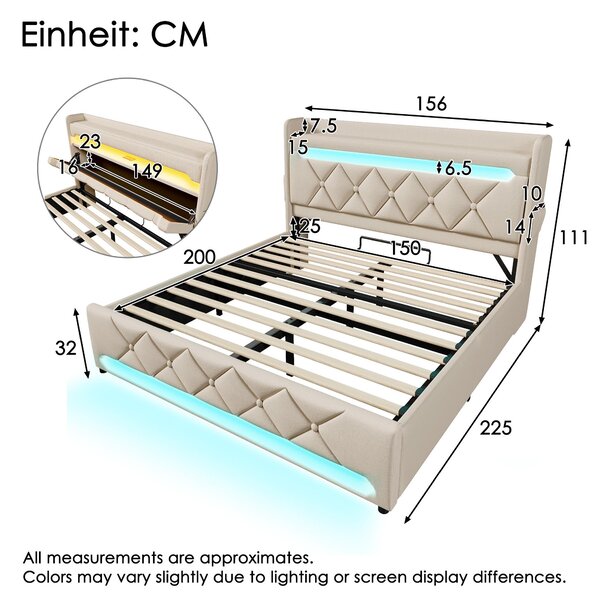 Upholstered Storage Bed with Integrated LED Lighting and USB Ports, Hydraulic Bed with Metal Slatted Frame, 225L x 156W x 111H cm, Beige Aosom UK