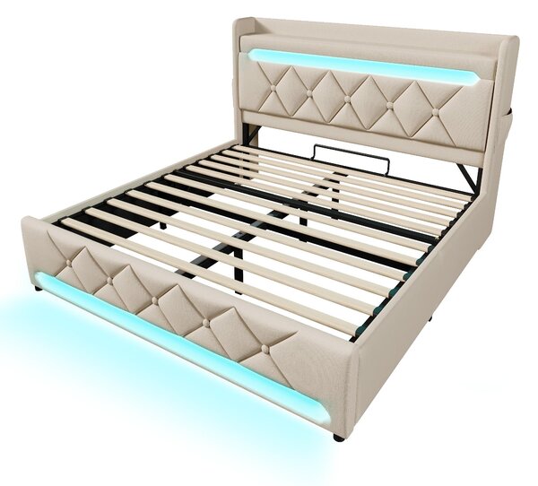 Upholstered Storage Bed with Integrated LED Lighting and USB Ports, Hydraulic Bed with Metal Slatted Frame, 225L x 156W x 111H cm, Beige Aosom UK