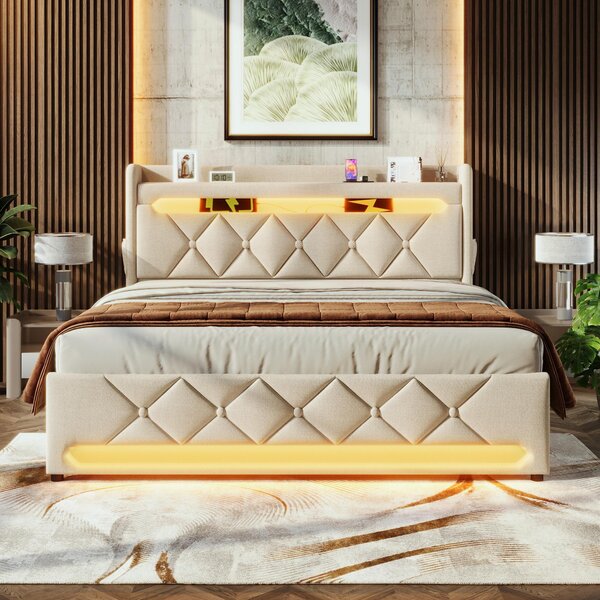 Upholstered Storage Bed with Integrated LED Lighting and USB Ports, Hydraulic Bed with Metal Slatted Frame, 225L x 156W x 111H cm, Beige Aosom UK