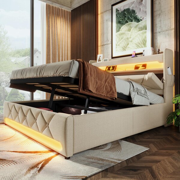 Upholstered Storage Bed with Integrated LED Lighting and USB Ports, Hydraulic Bed with Metal Slatted Frame, 225L x 156W x 111H cm, Beige Aosom UK