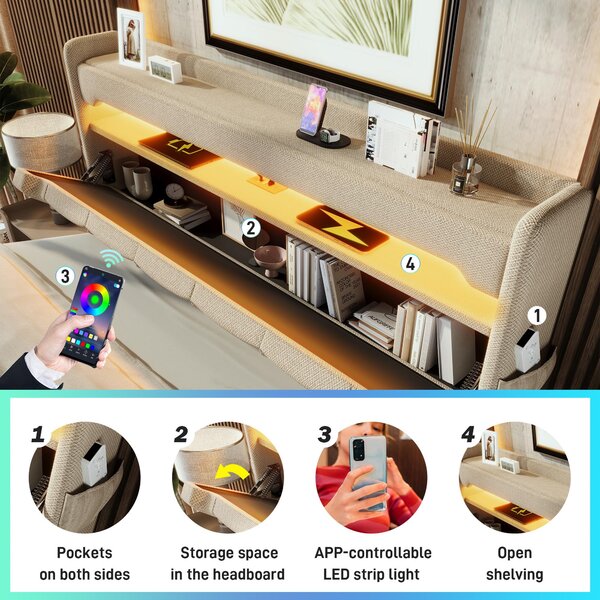 Upholstered Storage Bed with Integrated LED Lighting and USB Ports, Hydraulic Bed with Metal Slatted Frame, 225L x 156W x 111H cm, Beige Aosom UK