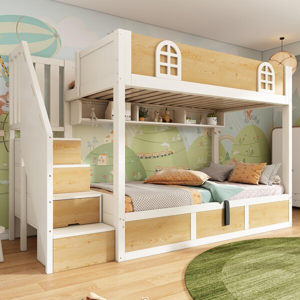 Cabin-Style Bunk Bed with Staircase Cabinet & Underbed Storage, Space-Saving Single Bed for Kids, 243L x 95W x 152H cm, Natural+White Aosom UK