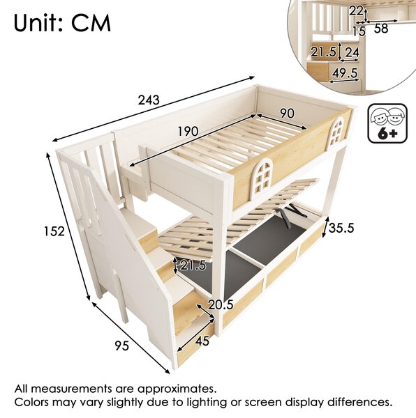 Cabin-Style Bunk Bed with Staircase Cabinet & Underbed Storage, Space-Saving Single Bed for Kids, 243L x 95W x 152H cm, Natural+White Aosom UK