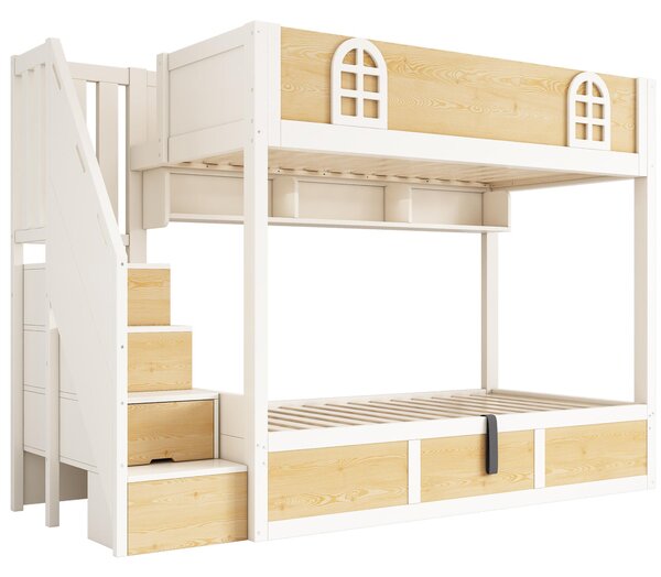 Cabin-Style Bunk Bed with Staircase Cabinet & Underbed Storage, Space-Saving Single Bed for Kids, 243L x 95W x 152H cm, Natural+White Aosom UK