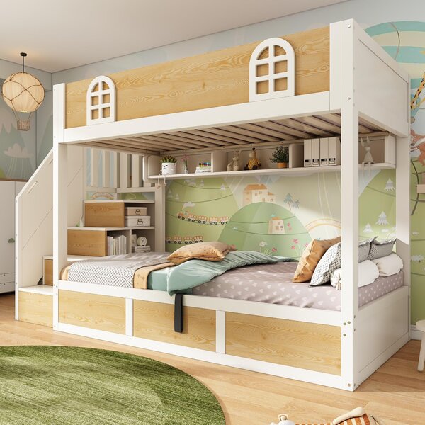 Cabin-Style Bunk Bed with Staircase Cabinet & Underbed Storage, Space-Saving Single Bed for Kids, 243L x 95W x 152H cm, Natural+White Aosom UK