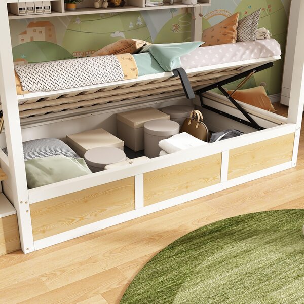 Cabin-Style Bunk Bed with Staircase Cabinet & Underbed Storage, Space-Saving Single Bed for Kids, 243L x 95W x 152H cm, Natural+White Aosom UK