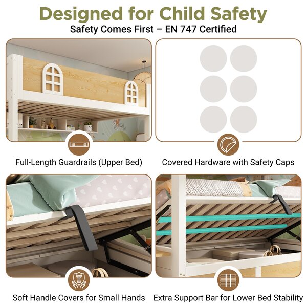 Cabin-Style Bunk Bed with Staircase Cabinet & Underbed Storage, Space-Saving Single Bed for Kids, 243L x 95W x 152H cm, Natural+White Aosom UK