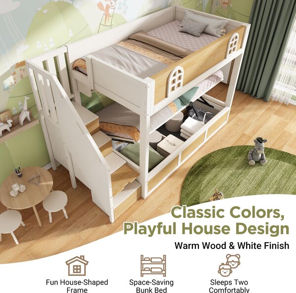 Cabin-Style Bunk Bed with Staircase Cabinet & Underbed Storage, Space-Saving Single Bed for Kids, 243L x 95W x 152H cm, Natural+White Aosom UK