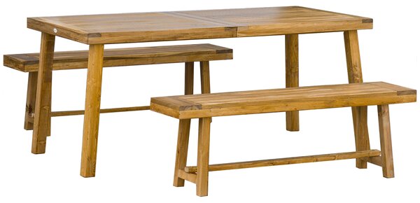Outsunny 3 Pieces Garden Dining Set, Outdoor 4 Seater Acacia Wood Table and Loveseats, Natural Wood Finish
