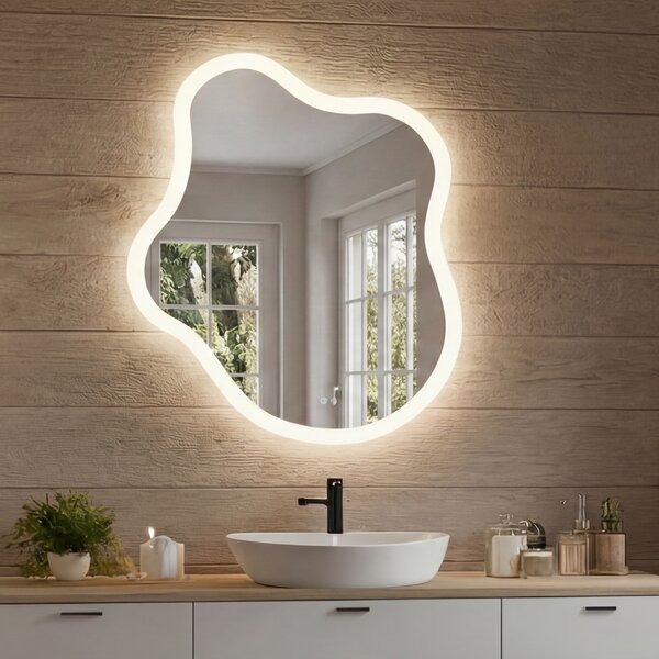 Irregular‑shaped mirror with lighting, 74×94 cm, dual color, touch switch, heating mat