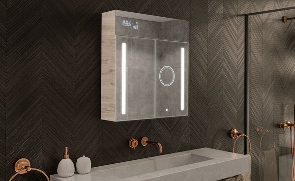 Bathroom cabinet with illuminated LED mirror - 66.5 x 72 cm with glass shelves in Oslo Oak color, wooden, by Artforma