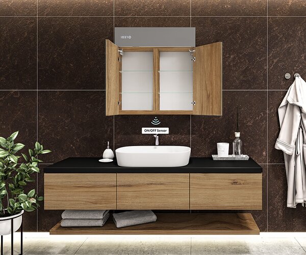 Bathroom cabinet with illuminated LED mirror - 66.5 x 72 cm with glass shelves in Oslo Oak color, wooden, by Artforma