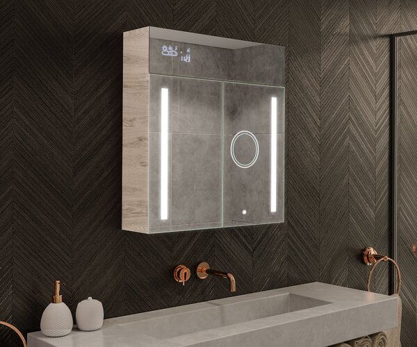 Bathroom cabinet with illuminated LED mirror - 66.5 x 72 cm with glass shelves in Oslo Oak color, wooden, by Artforma