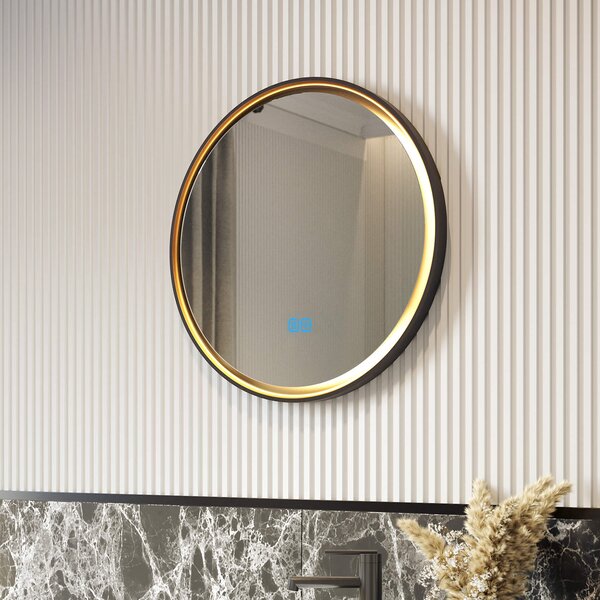 Round mirror in a metal frame with LED lighting