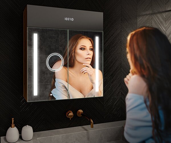 Bathroom cabinet with illuminated LED mirror - 66.5 x 72 cm with glass shelves in Oslo Oak color, wooden, by Artforma