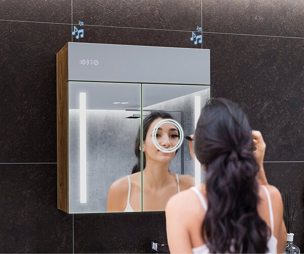 Bathroom cabinet with illuminated LED mirror - 66.5 x 72 cm with glass shelves in Oslo Oak color, wooden, by Artforma