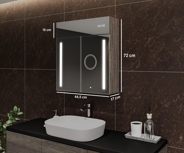 Bathroom cabinet with illuminated LED mirror - 66.5 x 72 cm with glass shelves in Oslo Oak color, wooden, by Artforma