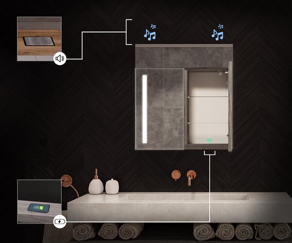 Bathroom cabinet with illuminated LED mirror - 66.5 x 72 cm with glass shelves in Oslo Oak color, wooden, by Artforma