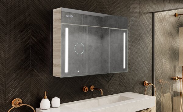 Illuminated cabinet with LED mirror, Emily L02 model - 100 x 72 cm, bathroom cabinet with modern design and lighting switch configuration, in Oslo Oak color