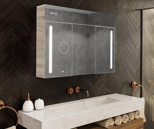 Illuminated cabinet with LED mirror, Emily L02 model - 100 x 72 cm, bathroom cabinet with modern design and lighting switch configuration, in Oslo Oak color