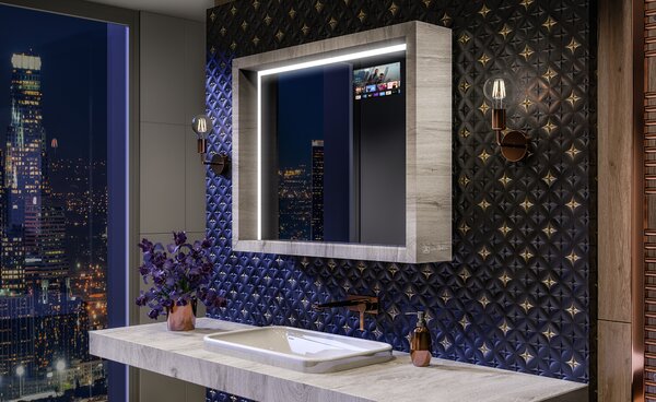LED bathroom mirror with a WoodenFrame frame in Oslo Oak color