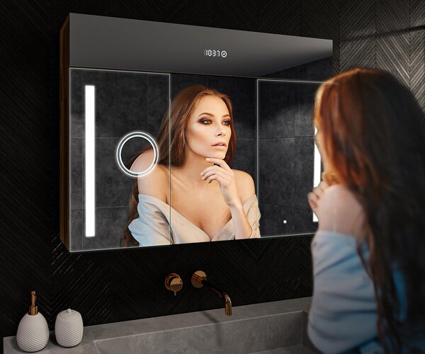 Illuminated cabinet with LED mirror, Emily L02 model - 100 x 72 cm, bathroom cabinet with modern design and lighting switch configuration, in San Marino color