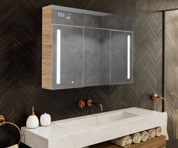 Illuminated cabinet with LED mirror, Emily L02 model - 100 x 72 cm, bathroom cabinet with modern design and lighting switch configuration, in San Marino color