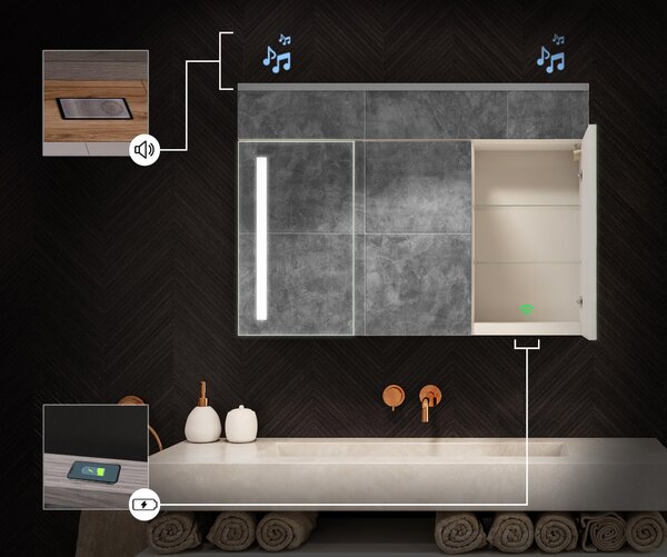 Illuminated cabinet with LED mirror, Emily L02 model - 100 x 72 cm, bathroom cabinet with modern design and lighting switch configuration, in San Marino color