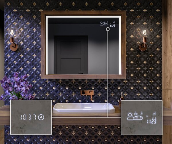LED bathroom mirror with a WoodenFrame frame in Oslo Oak color