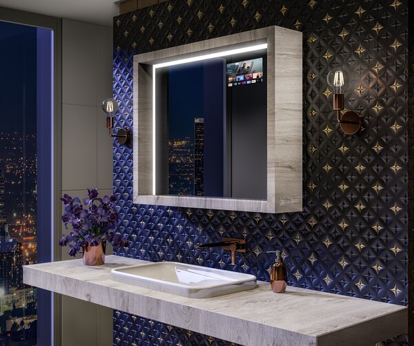 LED bathroom mirror with a WoodenFrame frame in Oslo Oak color