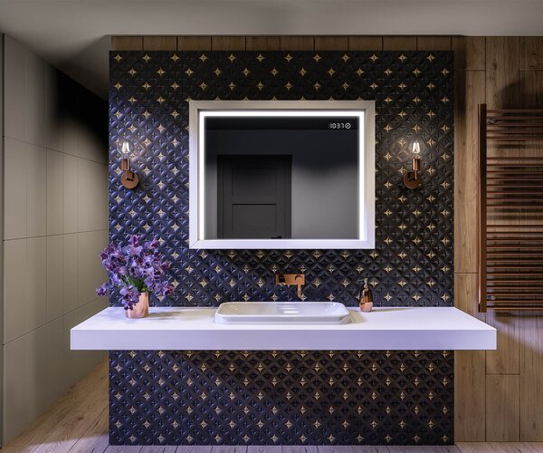 LED bathroom mirror with a WoodenFrame frame in Oslo Oak color