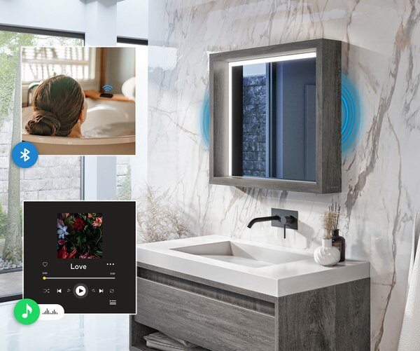 LED bathroom mirror with a WoodenFrame frame in Oslo Oak color