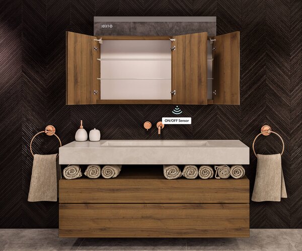 Illuminated cabinet with LED mirror, Emily L02 model - 100 x 72 cm, bathroom cabinet with modern design and lighting switch configuration, in San Marino color