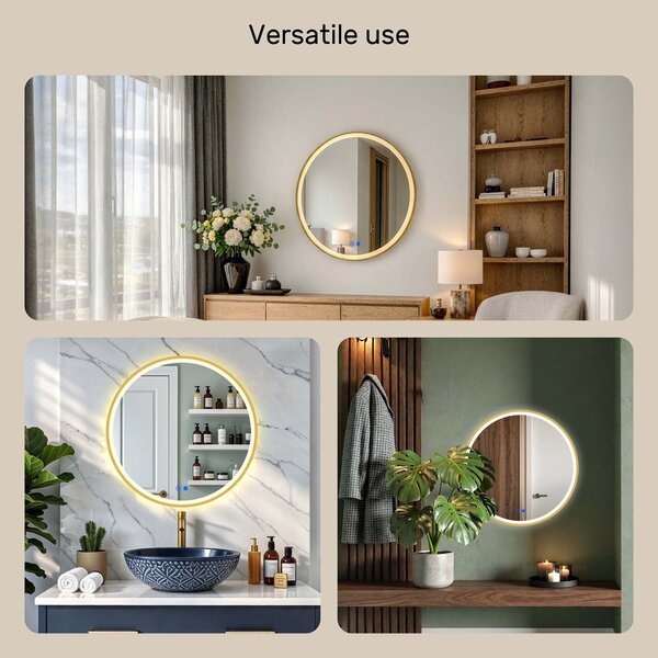 Round LED mirror in a gold aluminum frame