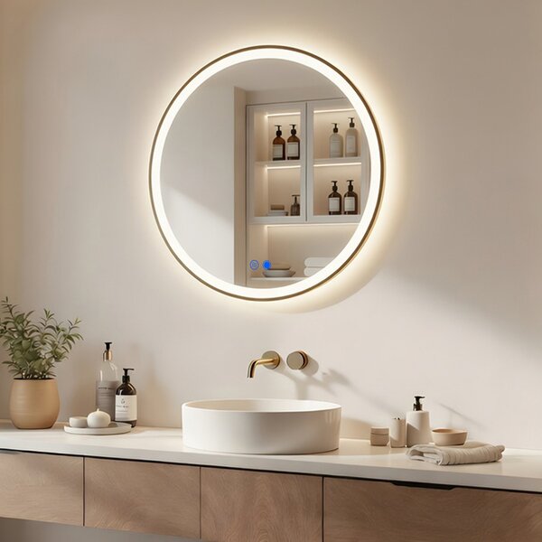 Round LED mirror in a gold aluminum frame