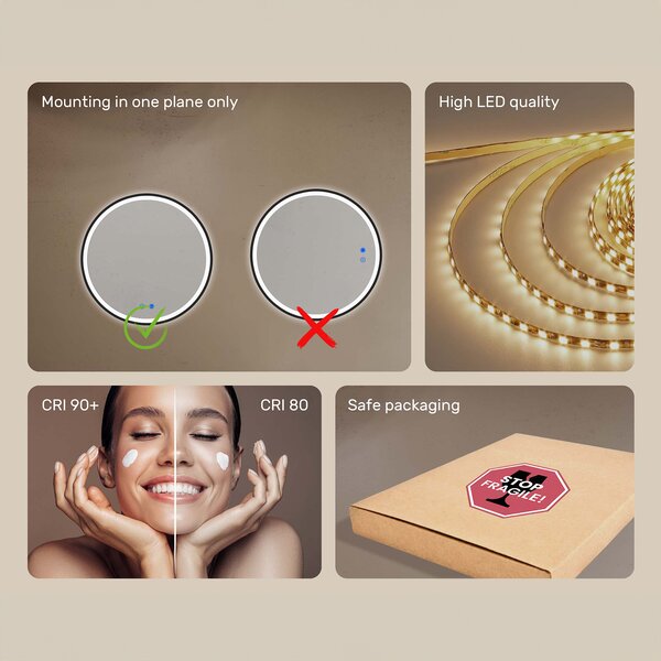 Round LED mirror in a gold aluminum frame