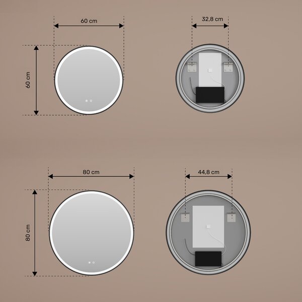 Round LED mirror in a gold aluminum frame