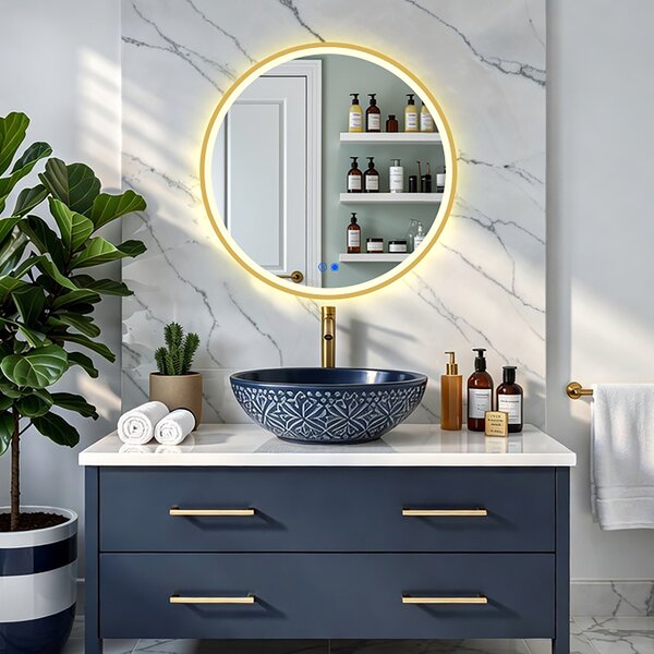 Round LED mirror in a gold aluminum frame