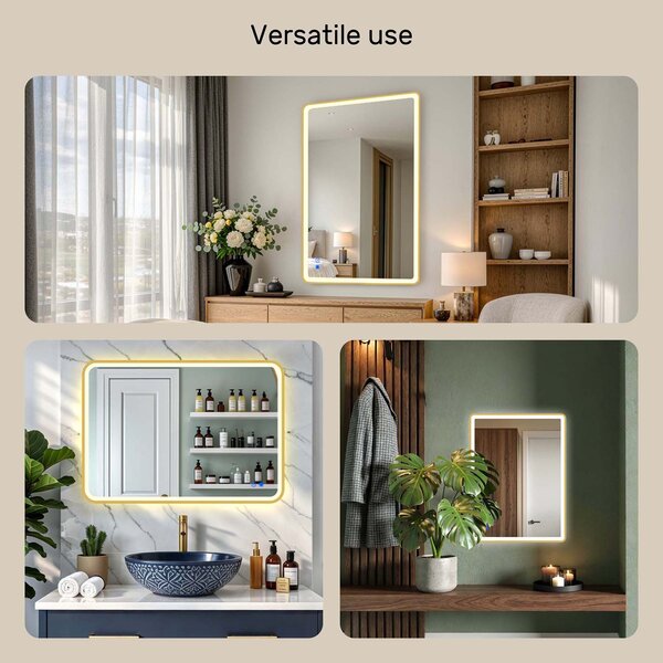 Rounded LED mirror in a gold aluminum frame